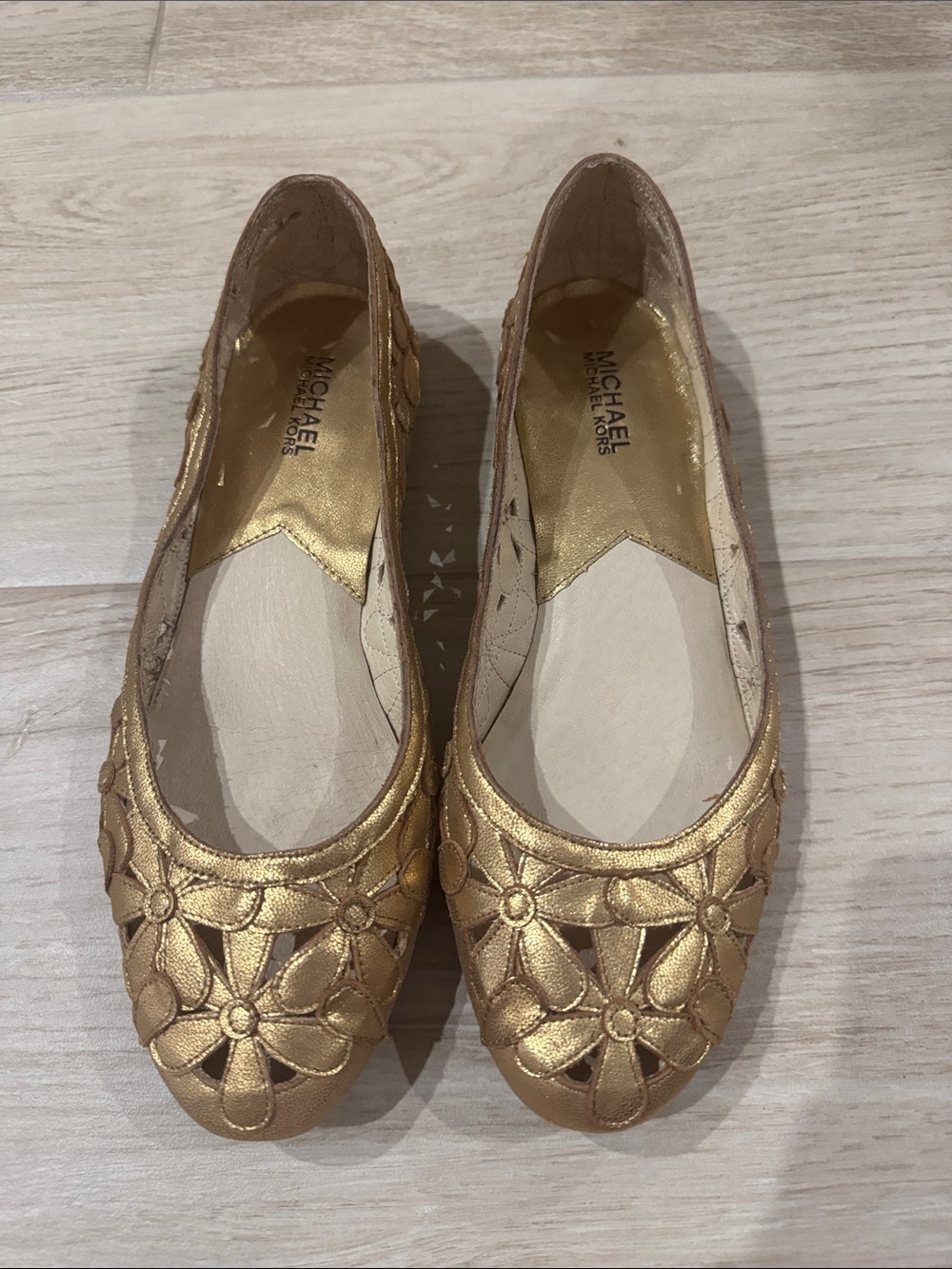 Michael Kors Metallic Gold Floral Gogo Ballet Flats Size 10